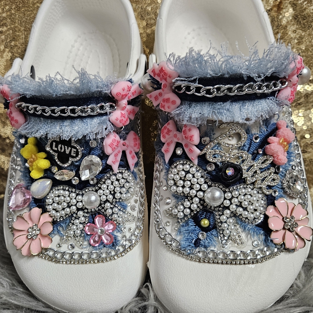 CROCS White Mules with Pink and Blue Embellishments
